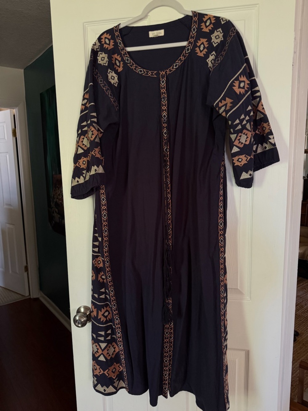 Velzera Navy Patterned Midi Cotton Embroidered Dress • 2XL